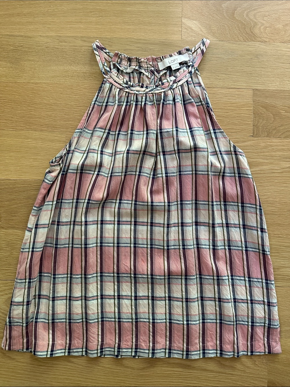 LOFT Pink Blue and Cream Plaid Halter-Style Tank